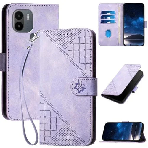 Funda de Cuero con Tapa y Cordón para Redmi A1+ Yx0080 con Diseño En Relieve de Mariposas y Cuadrícula (Morado Claro)
