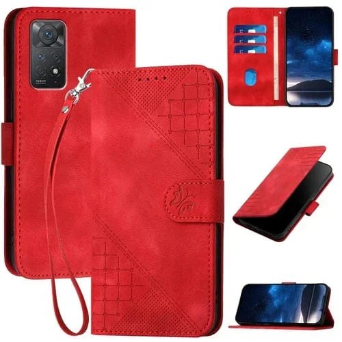 Funda de Cuero con Tapa y Cordón para Redmi Note 11 Pro 4G Global Yx0080 con Diseño En Relieve de Mariposa y Cuadrícula (Rojo)