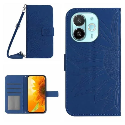 Funda de Cuero con Tapa y Cordón para Tecno Spark 30C 5G con Diseño de Girasol (Azul Oscuro)