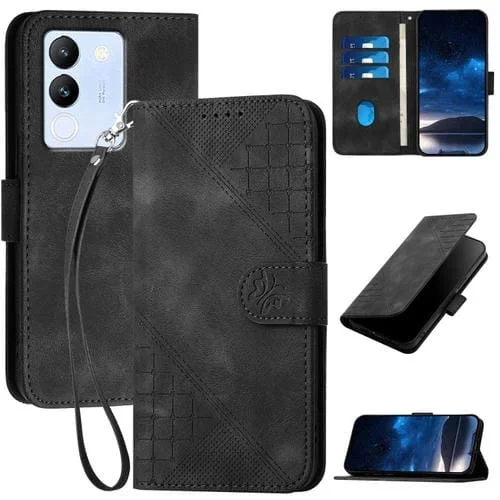 Funda de Cuero con Tapa y Cordón para Vivo V30 Lite 5G Global Yx0080 con Diseño En Relieve de Mariposa y Cuadrícula (Negro)