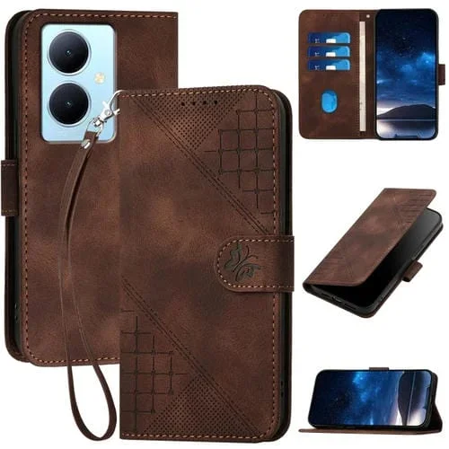 Funda de Cuero con Tapa y Cordón para Vivo Y78+ 5G Global / V29 Lite Yx0080 con Diseño En Relieve de Mariposa y Cuadrícula (Café)