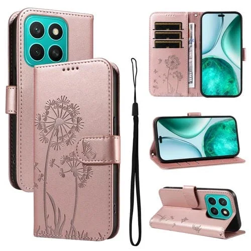 Funda de Cuero con Tapa y Diente de León en Relieve para Honor X8C 4G (Oro Rosa)