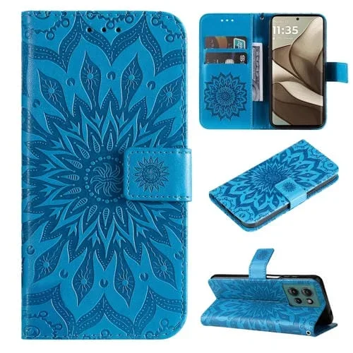 Funda de Cuero con Tapa y Diseño de Girasol en Relieve para Motorola Edge 50 5G (Azul)