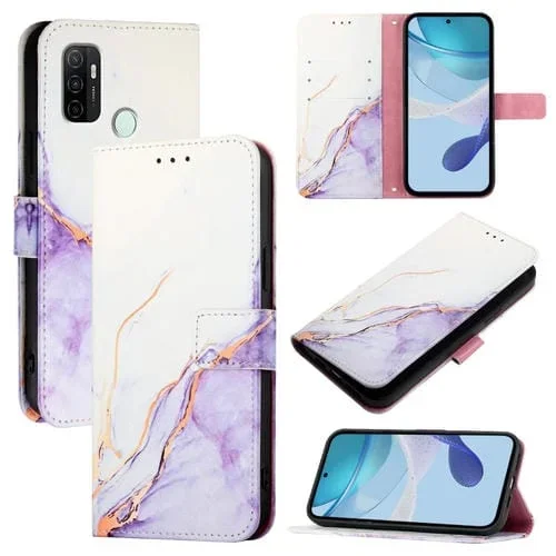 Funda de Cuero con Tapa y Diseño de Mármol Pt003 para Oppo A32 2020 4G / A53 2020 4G (Blanco y Morado)