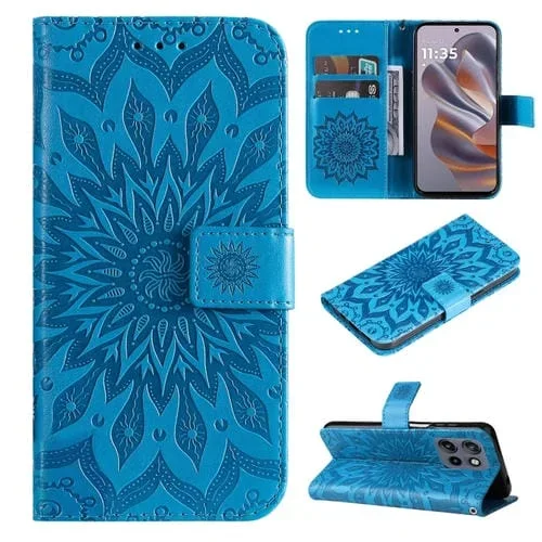 Funda de Cuero con Tapa y Estampado de Girasoles en Relieve para Motorola Edge 50 Neo (Azul)