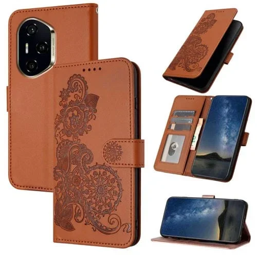 Funda de Cuero con Tapa y Flor de Datura en Relieve para Honor 300 Pro/Honor 300 Ultra (Marrón)