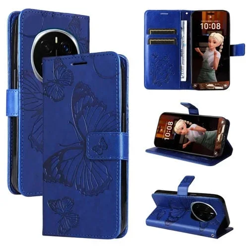 Funda de Cuero con Tapa y Mariposa en Relieve 3D para Honor Magic7 Pro (Azul)