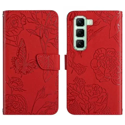 Funda de Cuero con Tapa y Mariposas en Relieve para Infinix Hot 50 Pro+ 4G (Rojo)