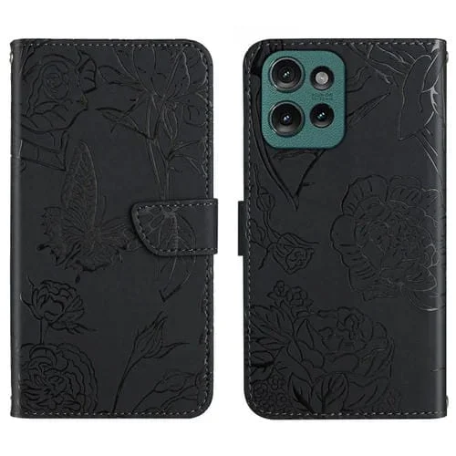 Funda de Cuero con Tapa y Mariposas en Relieve para Motorola Moto G Play 2025 (Negro)