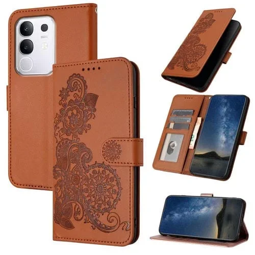 Funda de Cuero con Tapa y Relieve de Flor de Datura para Vivo Y29 4G (Marrón)