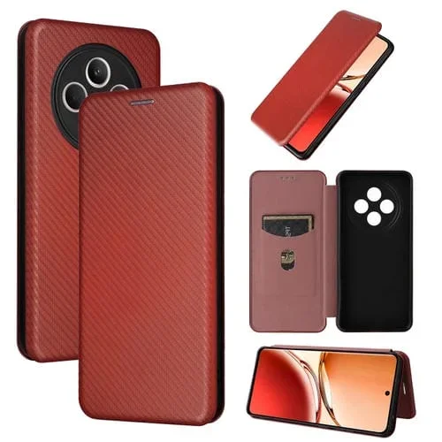 Funda de Cuero con Tapa y Textura de Fibra de Carbono para Oppo Reno12 F 5G/4G (Marrón)