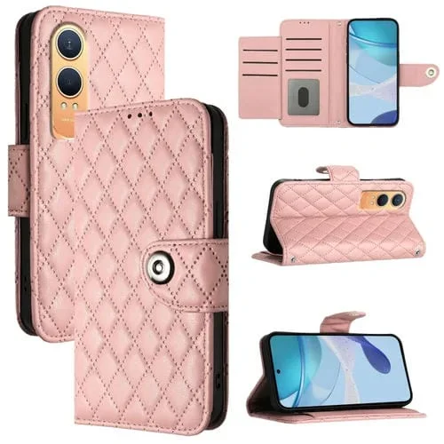 Funda de Cuero con Tapa y Textura Rombal para OnePlus Nord CE4 Lite con Cordón (Rosa Coral)