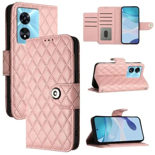 Funda de Cuero con Tapa y Textura Rombal para OnePlus Nord N300 con Cordón (Rosa Coral)