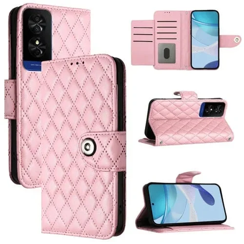 Funda de Cuero con Tapa y Textura Rombal para TCL 50 5G con Cordón (Rosa)