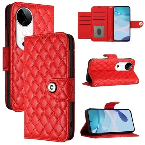 Funda de Cuero con Tapa y Textura Rombal para Teléfono Vivo S19 con Cordón (Rojo)