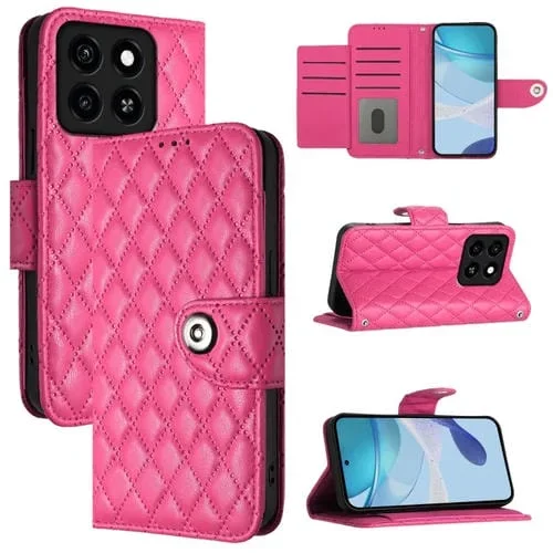 Funda de Cuero con Tapa y Textura Rombal para ZTE Blade A35/A55 con Cordón (Rosa y Rojo)