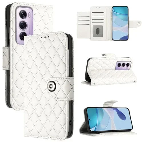 Funda de Cuero con Tapa y Textura Rómbica para Teléfono Oppo Reno12 Pro 5G con Cordón (Blanco)