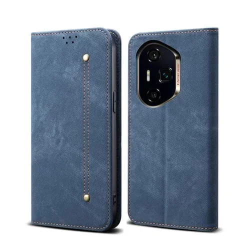 Funda de Cuero con Tapa y Textura Vaquera para Honor 300 Ultra (Azul)