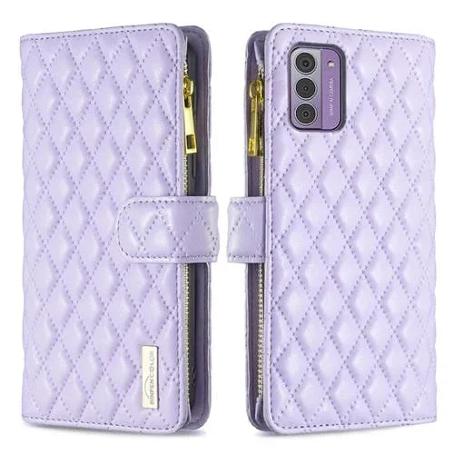 Funda de Cuero con Tapa y Zipper para Nokia G42/G310 (Púrpura) Diamond Lattice Wallet