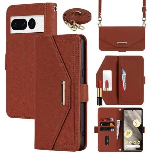 Funda de Cuero con Textura Cruzada y Cordón para Google Pixel 7 (Marrón)