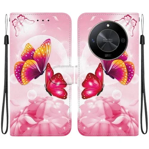 Funda de Cuero con Textura de Cristal y Dibujo para Honor X9B/Magic6 Lite (Mariposas Rosas)