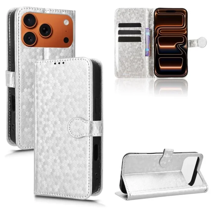 Funda de cuero con textura de lunares y panal para iPhone 17 Pro (plateada)