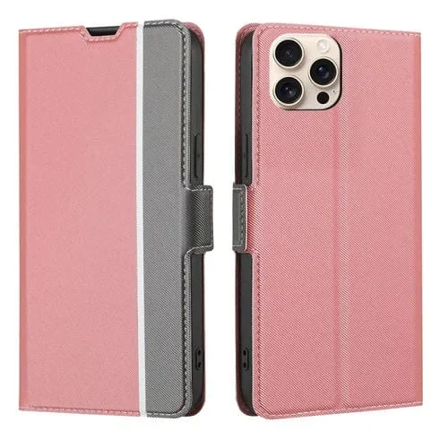 Funda de Cuero con Textura de Sarga y Botones Laterales para iPhone 16 Pro Max (Rosa)