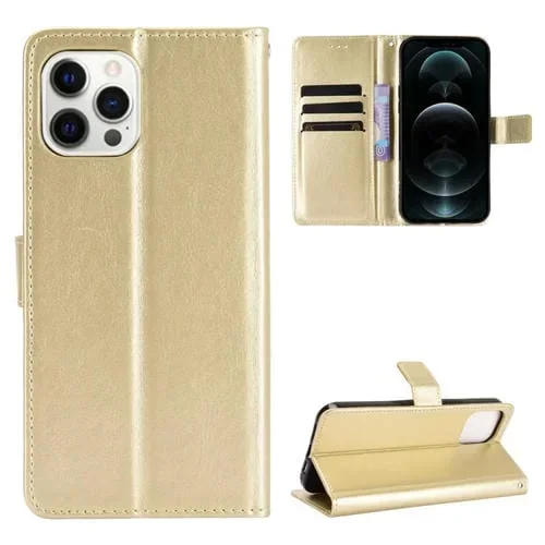 Funda de Cuero Crazy Horse para iPhone 13 Pro con Tapa Horizontal, Soporte, Ranuras para Tarjetas y Cordón (Dorado)