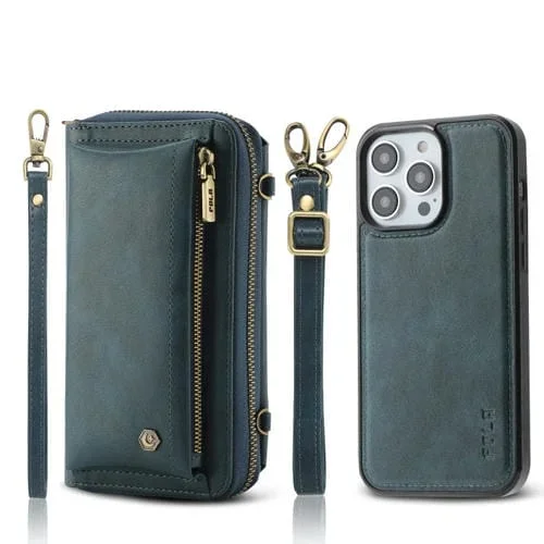 Funda de Cuero Crossbody para iPhone 14 Pro Max con Billetera y Cremallera Multifuncional (Verde)