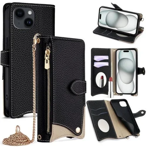 Funda de Cuero de Lichi con Diseño de Cola de Pez y Cadena Cruzada para iPhone 15 Plus (Negro)