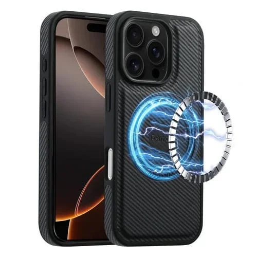 Funda de Cuero Denior con Textura de Fibra de Carbono Magsafe para iPhone 16 Pro (Negra)