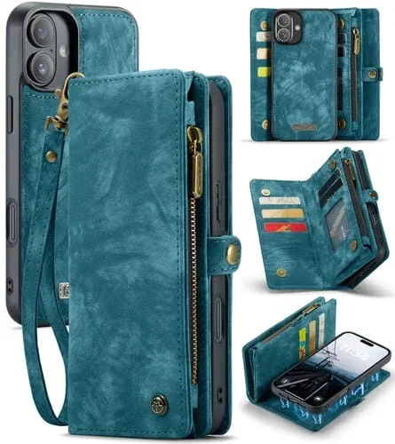 Funda de Cuero Desmontable Caseme 008 para iPhone 16 Plus Multifuncional (Azul)