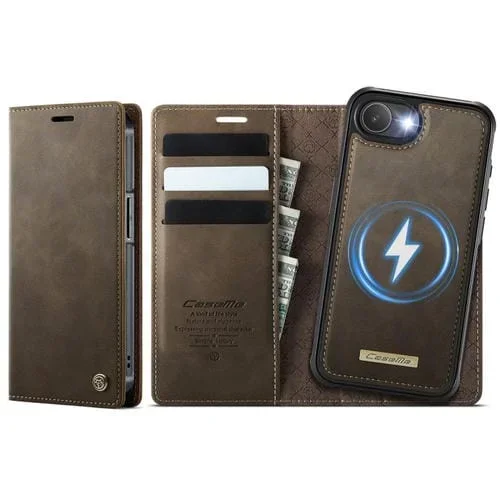 Funda de cuero desmontable CaseMe C49 con bloqueo RFID MagSafe para iPhone 16e (café)