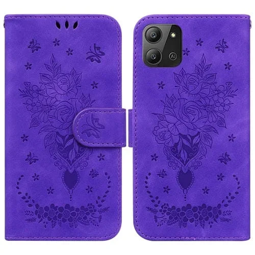 Funda de Cuero En Relieve Butterfly Rose para Infinix Hot 11 (2022) (Púrpura)
