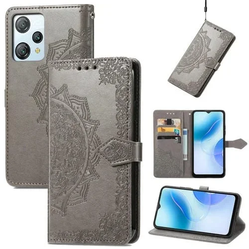 Funda de Cuero en Relieve Mandala Flower para BlackView A53 (Gris)