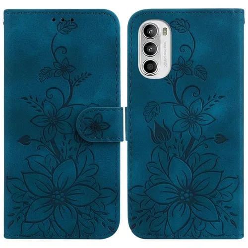 Funda de Cuero en Relieve para Motorola Moto G62 5G Lily (Azul Oscuro)