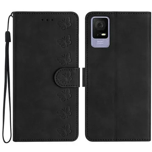 Funda de Cuero En Relieve para TCL 405 / 406 / 408 Siete Mariposas (Negro)
