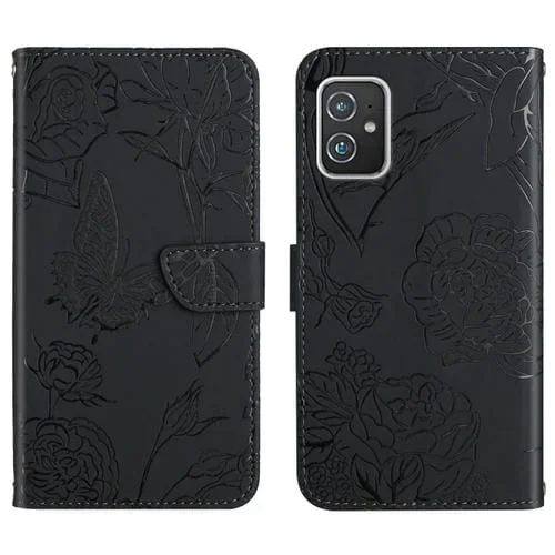 Funda de Cuero en Relieve Peonía para Asus Zenfone 8 Zs590Ks (Negro)