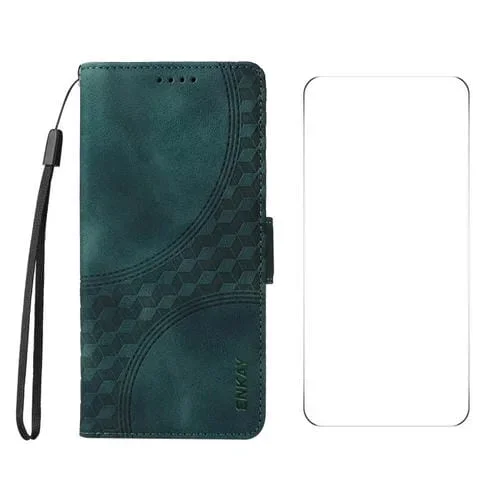 Funda de Cuero Enkay para iPhone 16 con Estampado de Rombos y Estrellas y Película Protectora (Verde)
