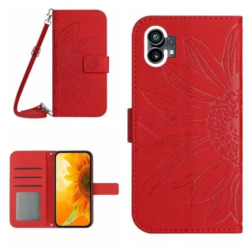 Funda de Cuero Flip For Nothing Phone 1 Skin Feel con Cordón y Patrón Sun Flower (Rojo)