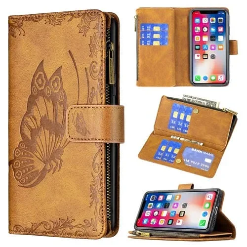 Funda de Cuero Flip para iPhone Xs Max Flying Butterfly con Cremallera, Soporte, Tragamonedas y Billetera (Marrón)