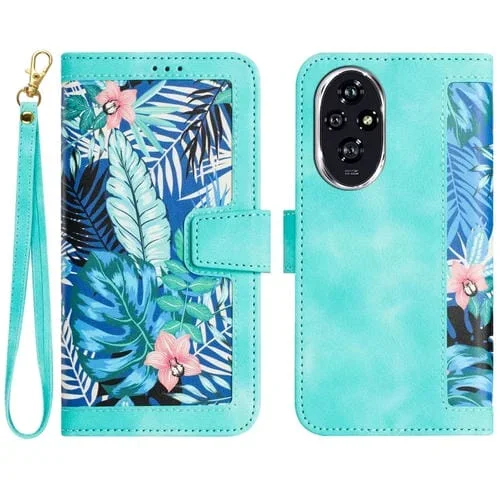 Funda de Cuero For Honor 200 con Estampado Floral y Cordón (Verde)