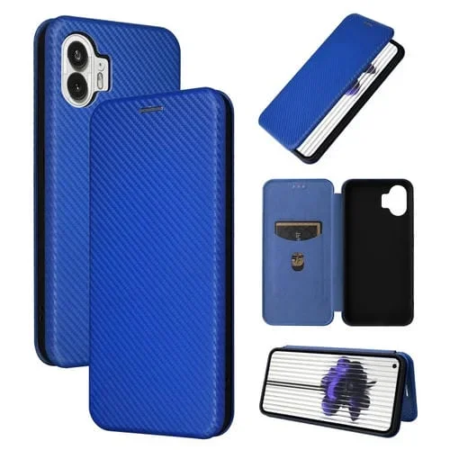 Funda de Cuero For Nothing Phone 2 con Tapa Textura Fibra de Carbono (Azul)