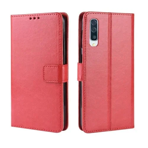 Funda de Cuero Galaxy A70 con Tapa Horizontal Retro Textura Caballo Loco Soporte Ranuras Tarjetas Marco Fotos (Rojo)