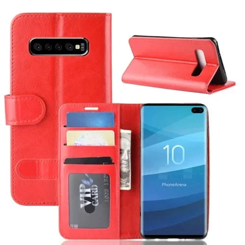 Funda de Cuero Galaxy S10 + Solapa Horizontal Textura R64 Soporte Ranuras Tarjetas Billetera (Rojo)