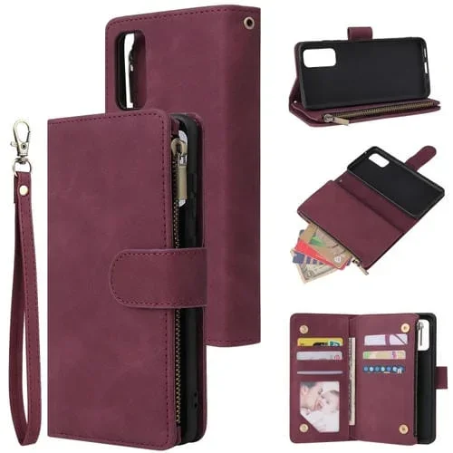Funda de Cuero Galaxy S20 Tapa Horizontal Multifuncional Ranura Tarjeta Soporte Billetera Cremallera Marco Fotos (Vino Tinto)
