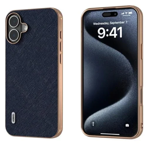 Funda de Cuero Genuino Abeel con Textura Cruzada y Marco Galvanizado para iPhone 16 Plus (Azul)