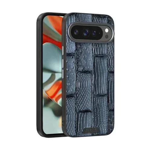 Funda de Cuero Genuino con Micrograbado Abeel Beast Pattern 6D para Google Pixel 9/9 Pro (Azul)