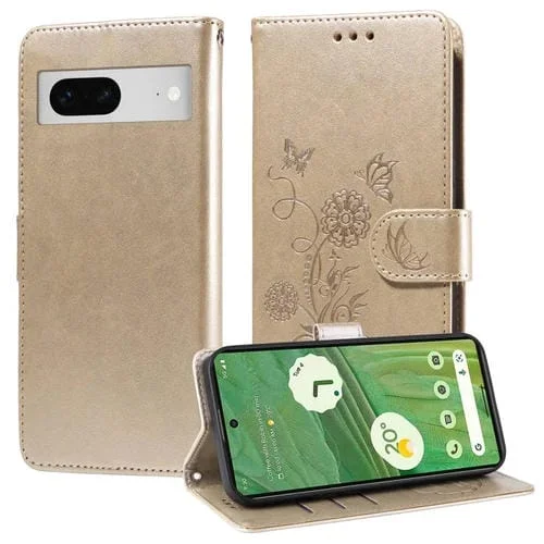 Funda de Cuero Google Pixel 7 con Diseño de Mariposas y Flores en Relieve (Dorada)