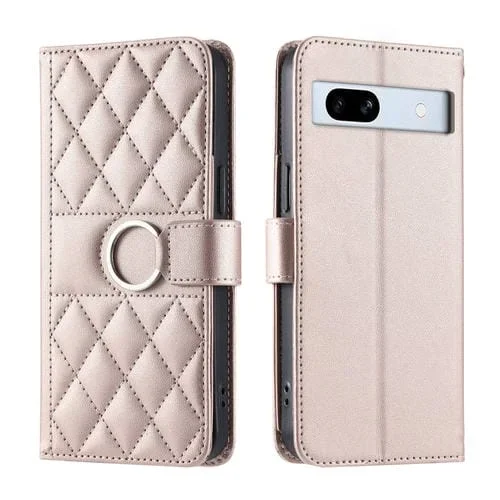 Funda de Cuero Google Pixel 7A con Diseño Rombal y Hebilla de Anillo (Oro Rosa)